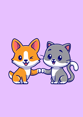 Cute cat and corgi dog