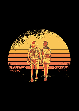 Couple hiking retro sunset