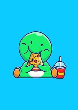 Cute dinosaur eating pizza