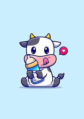 Cute baby cow holding milk