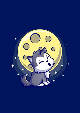 Cute wolf roar with moon