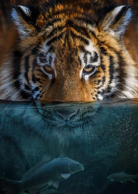 Tiger half in the water