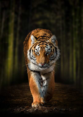 Tiger on dark forest
