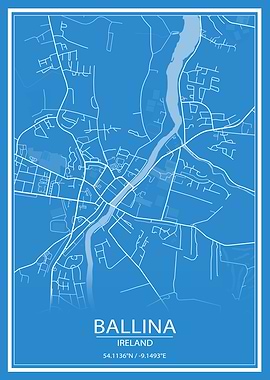 Ballina Blue and White Map