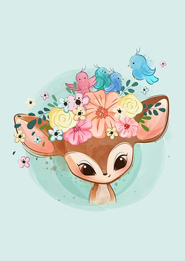 Cute Deer With Bird Nest