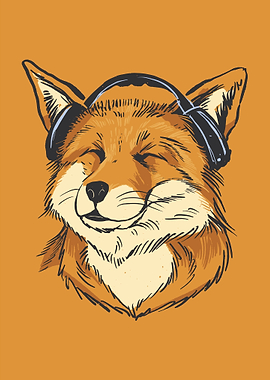 Happy fox with headphones