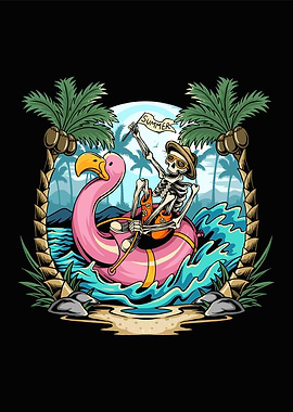 Skulls on flamingos floats