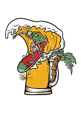 Skull surfing on beer wave