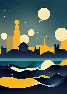 Seaside town starry night