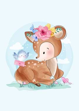 Cute Deer With Bird