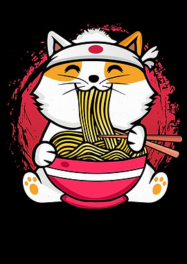 Cat Eating Ramen Noodles