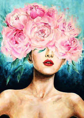 girl w flowers peonies art
