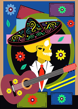 Mexican skull with guitar