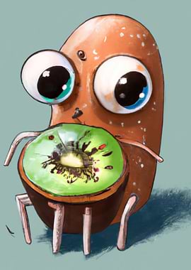 Potato eating a kiwi
