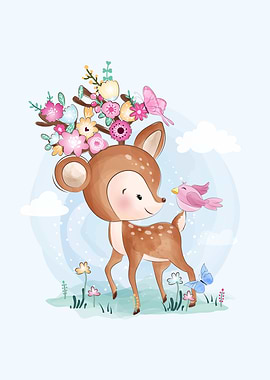 Cute Deer With Bird