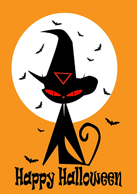 Black cat with witch hat