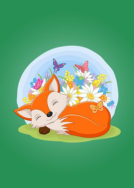 Cute fox sleeping on grass