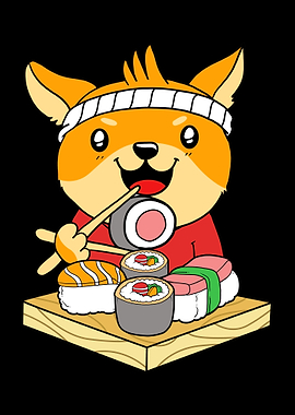 Shiba Dog Eating Sushi