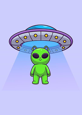 Cute alien flying with UFO