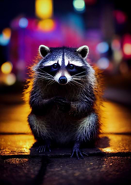 Raccoon in cyberpunk city