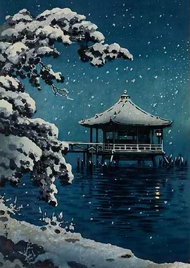 Ukiyo e Snow at Ukimido