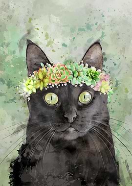 Black cat w succulents