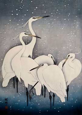 Ukiyo e herons under snow