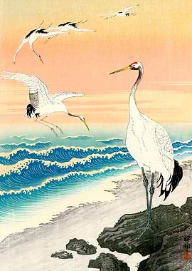 Ukiyo e Egrets on Sea