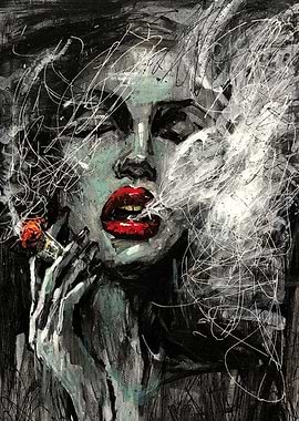 Smoking lady with red lips