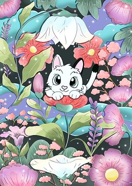 A Cat in The flower Garden