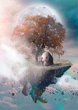 Panda on floating rock sky