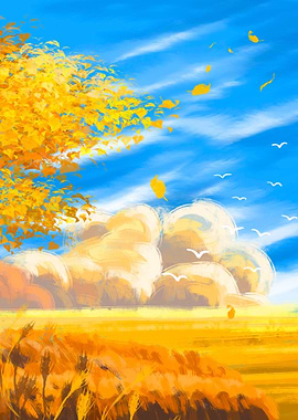 Autumn blue sky in field