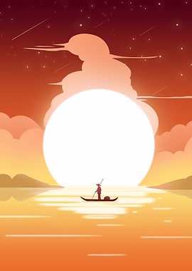 Boat at Sea by Sunset