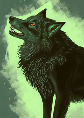 Green Grey Wolf Painting
