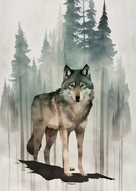 Watercolor Wolf In Forest