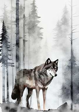 Watercolor Wolf In Trees