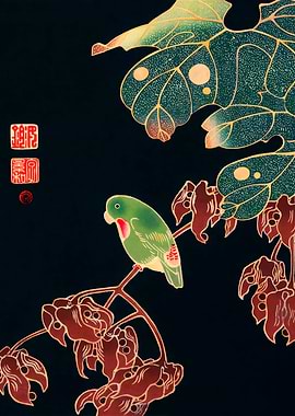 Ukiyo e Green Parrot