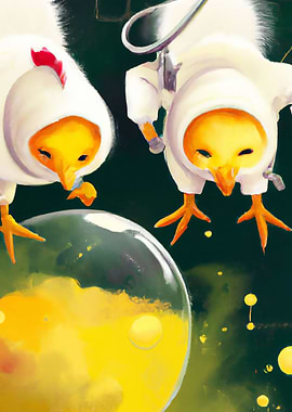 2 chicken playing bottle