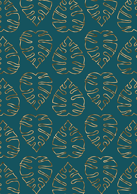 Gold Teal Monstera Pattern