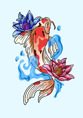Koi fish Japanese flowers