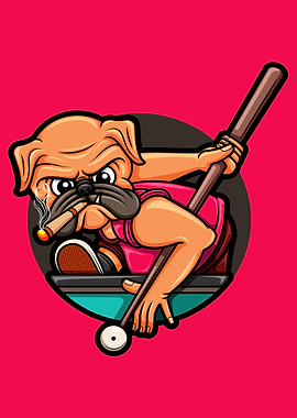 Cute pug dog playing pool
