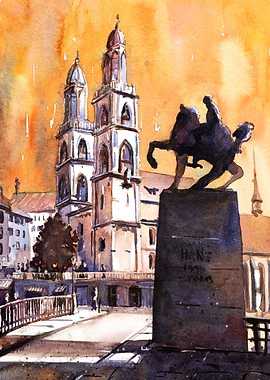 Zurich church at sunset