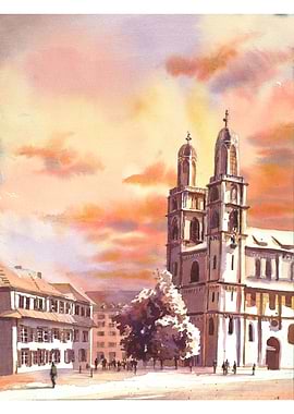 Zurich church at sunset