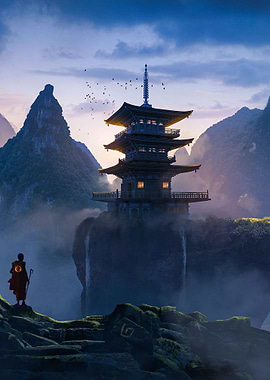 Japanese cliff side pagoda