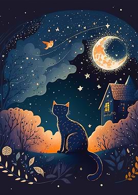 Cat at night by the Moon