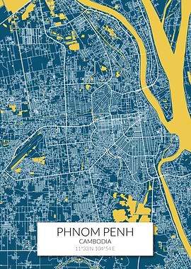 Phnom Penh Map Blue Yellow