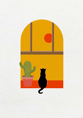 Cat Behind Yellow Window