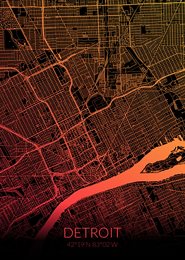 Detroit Map Black Orange