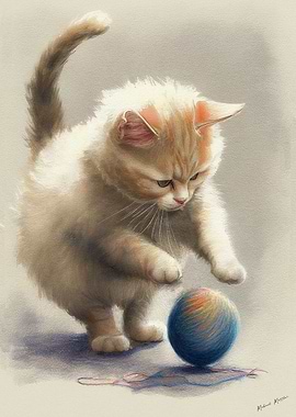 Red cat jumps on ball