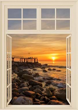Open window view sea beach